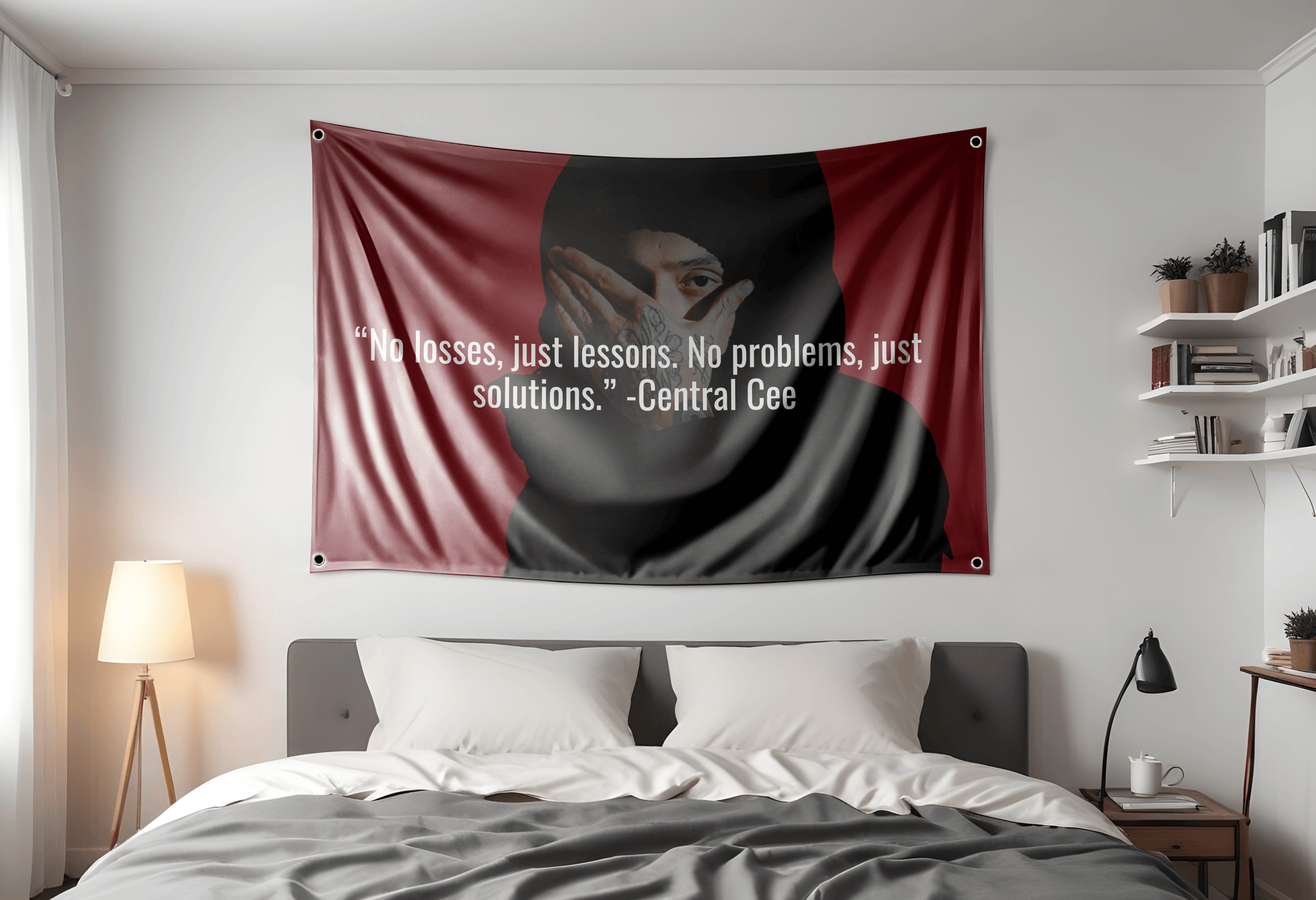Central Cee Rapper Flag with the quote "No losses, just lessons. No Problems, just solutions" by Central Cee on a 3x5ft flag. On a dorm room wall