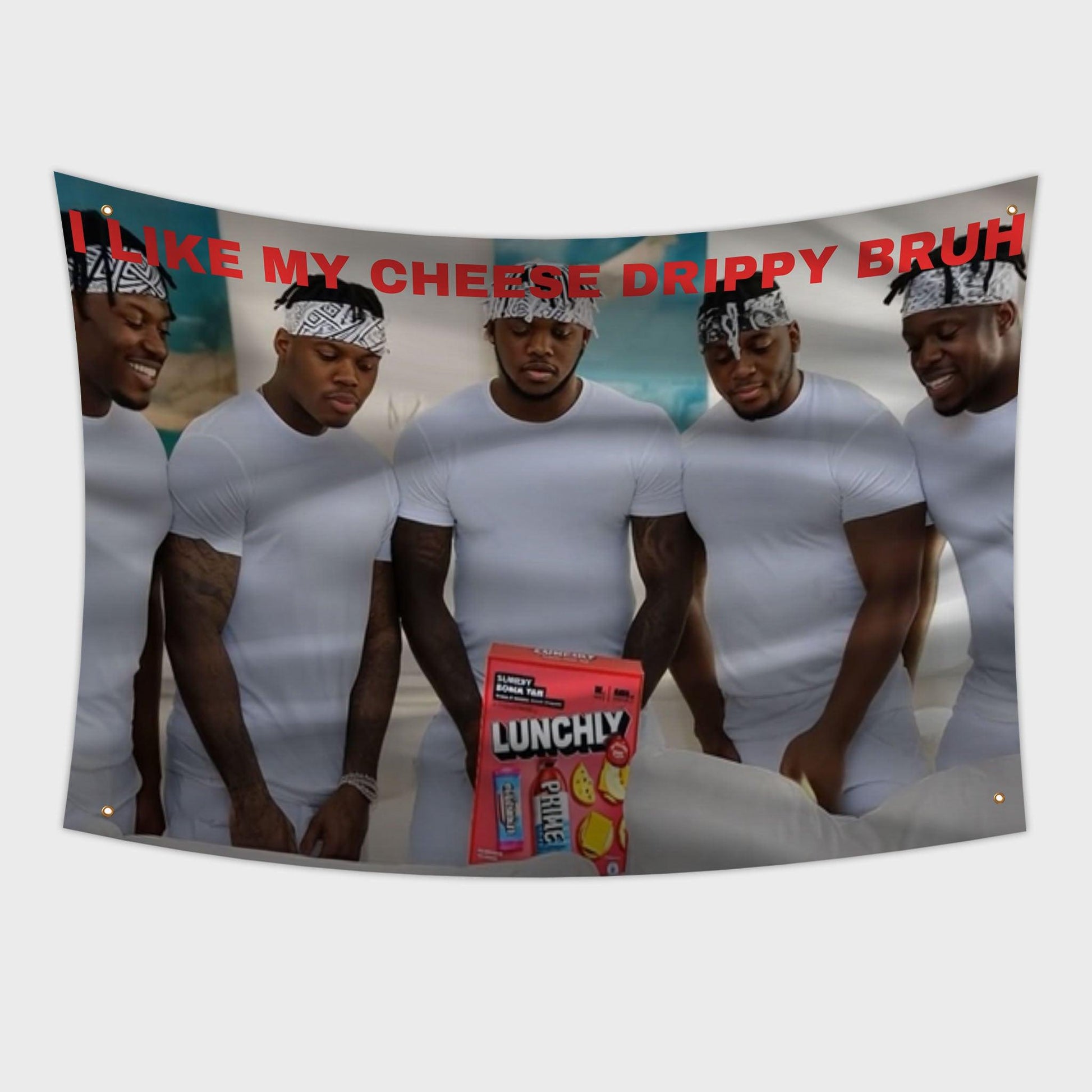 KSI Lunchly Meme Flag with I like my chese drippy bruh written on it.