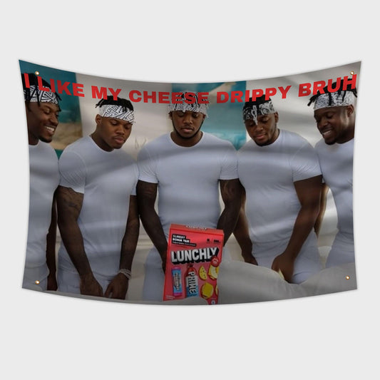 KSI Lunchly Meme Flag with I like my chese drippy bruh written on it.