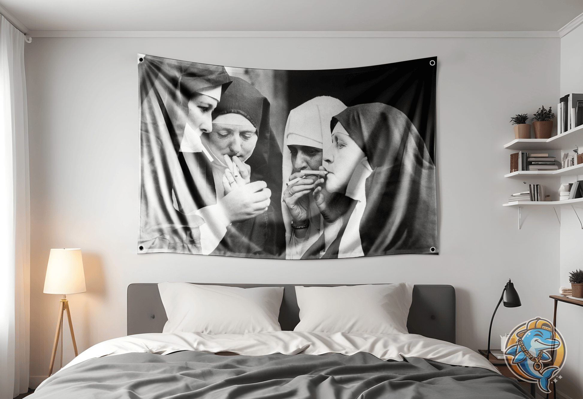 Nuns Smoking Flag Hung Up on dorm room white wall