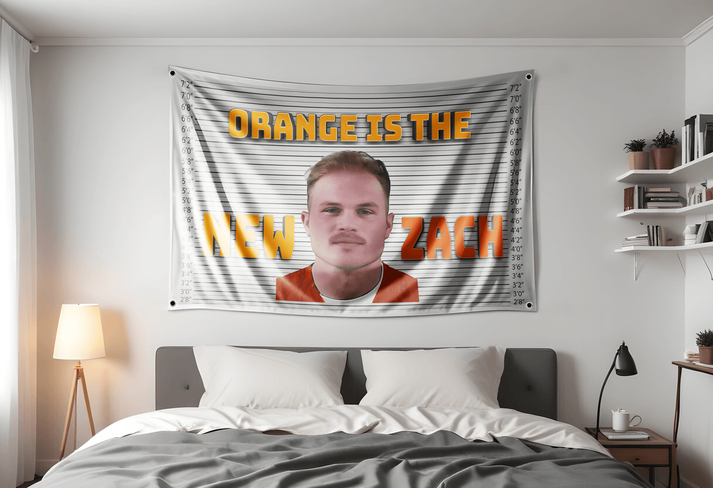 Zach Bryan Flag Mugshot hung up on a dorm room.