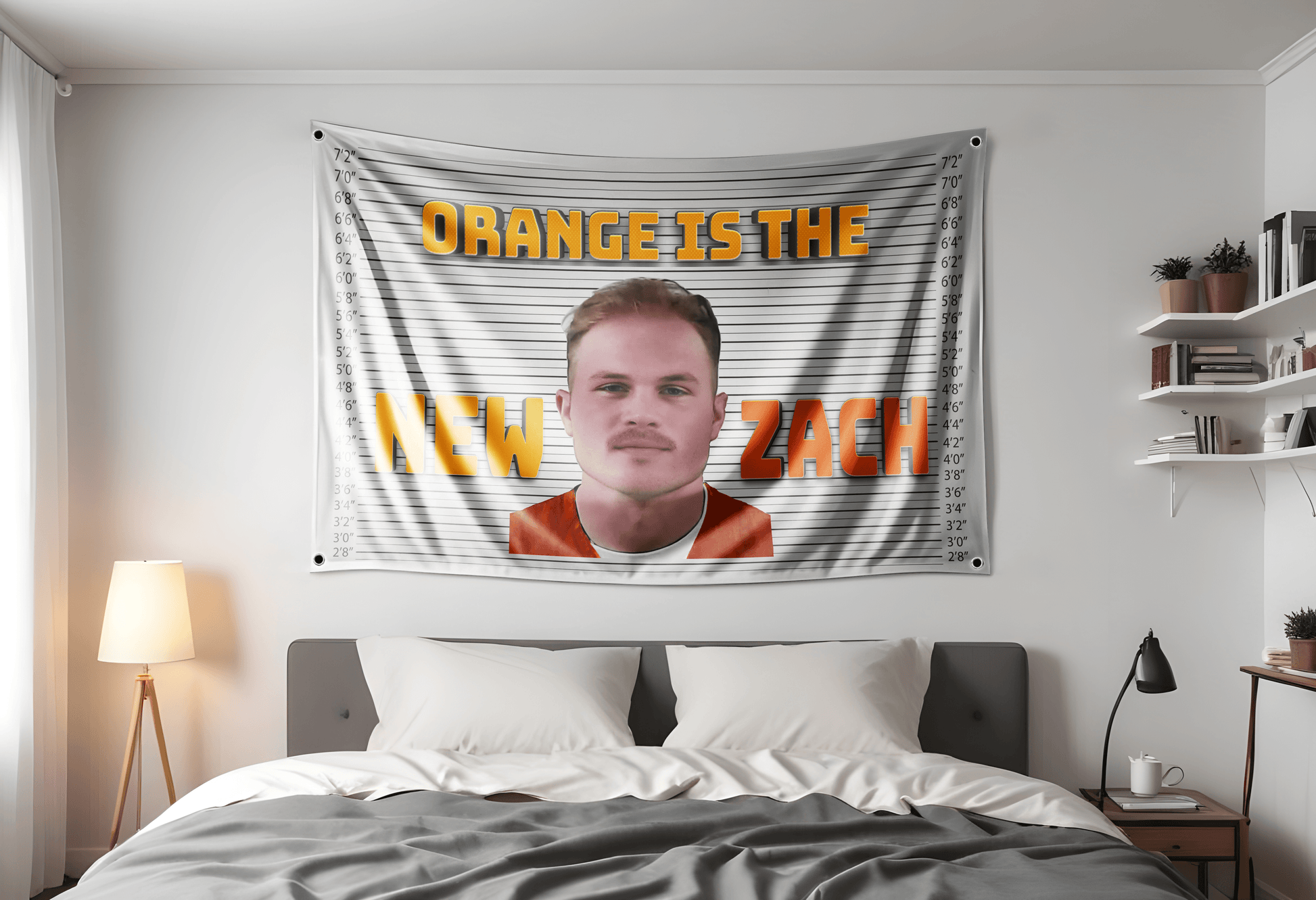 Zach Bryan Flag Mugshot hung up on a dorm room.
