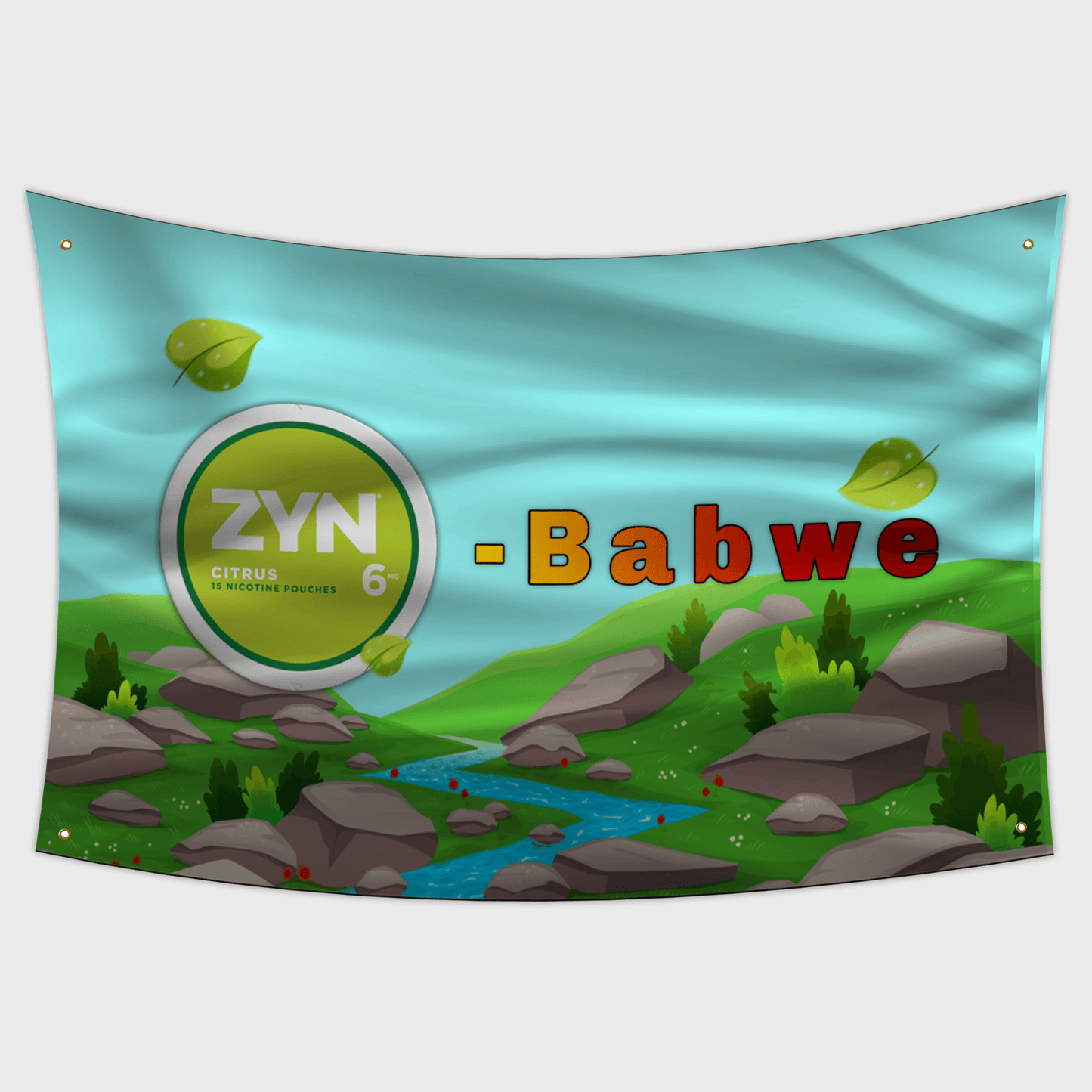 zyn flag with a zyn container and grass and a river