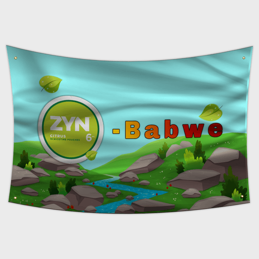 zyn flag with a zyn container and grass and a river
