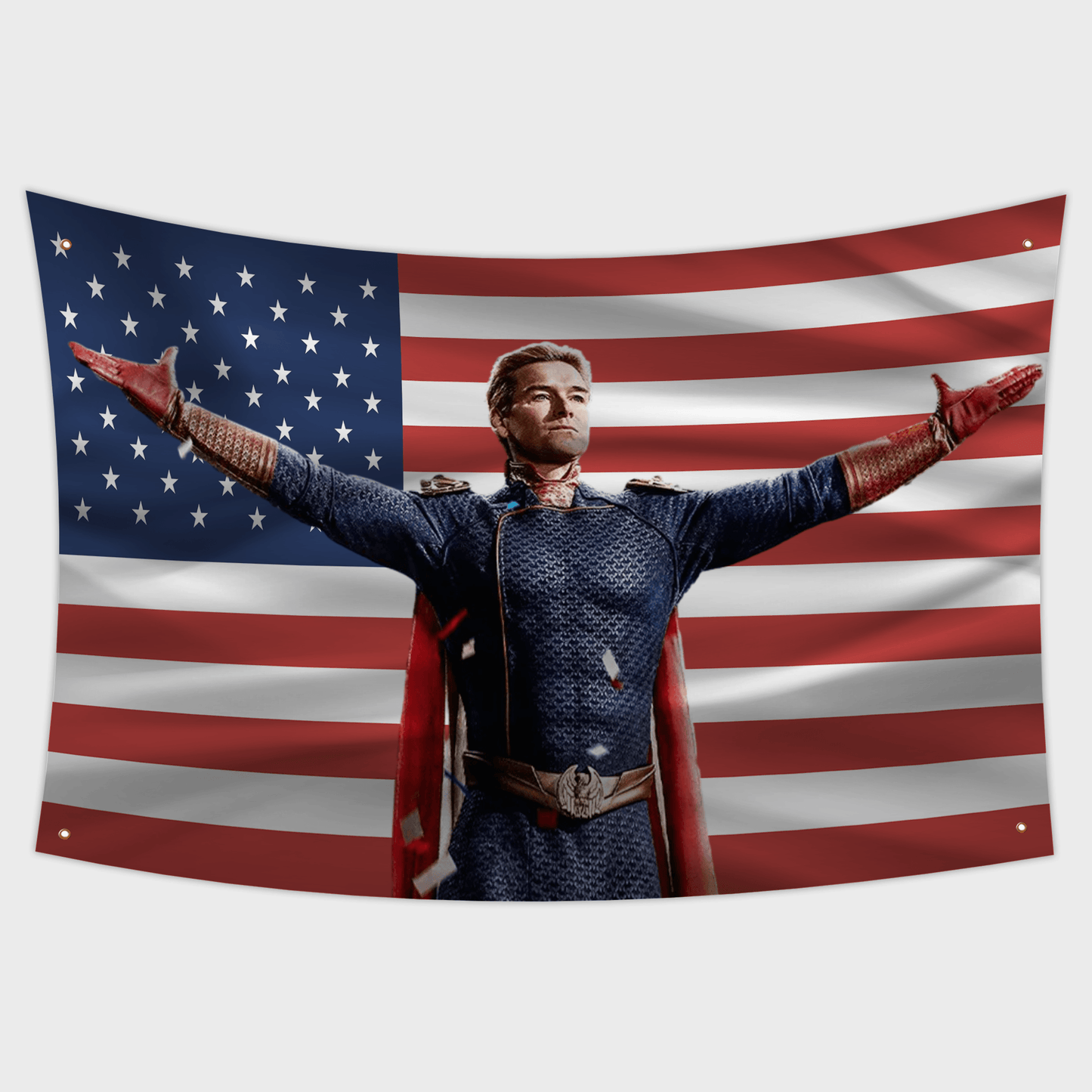 Homelander from the TV series "The Boys" In front of an american flag.
