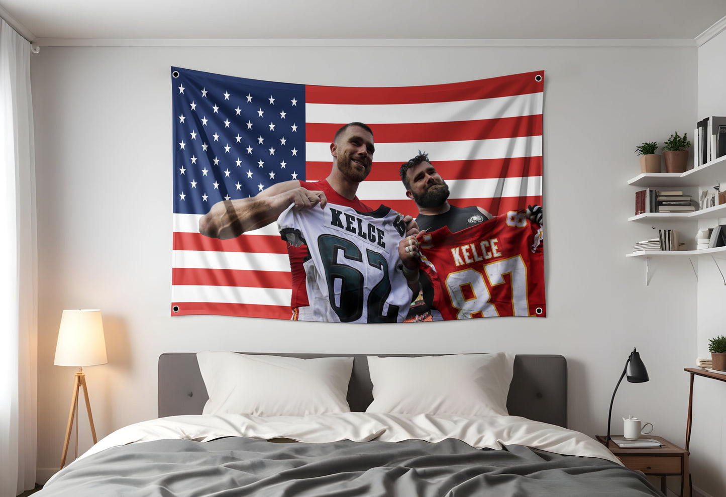 Kelce Brothers Flag | Travis Kelce & Jason Kelce NFL American Flag Hung up in a dorm room