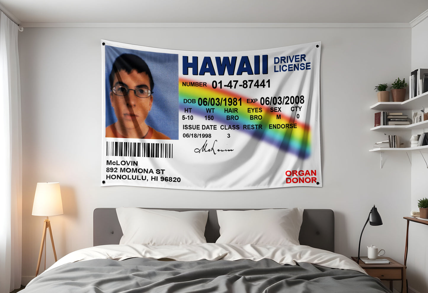 McLovin ID Flag | Superbad flag Hung up in a dorm room