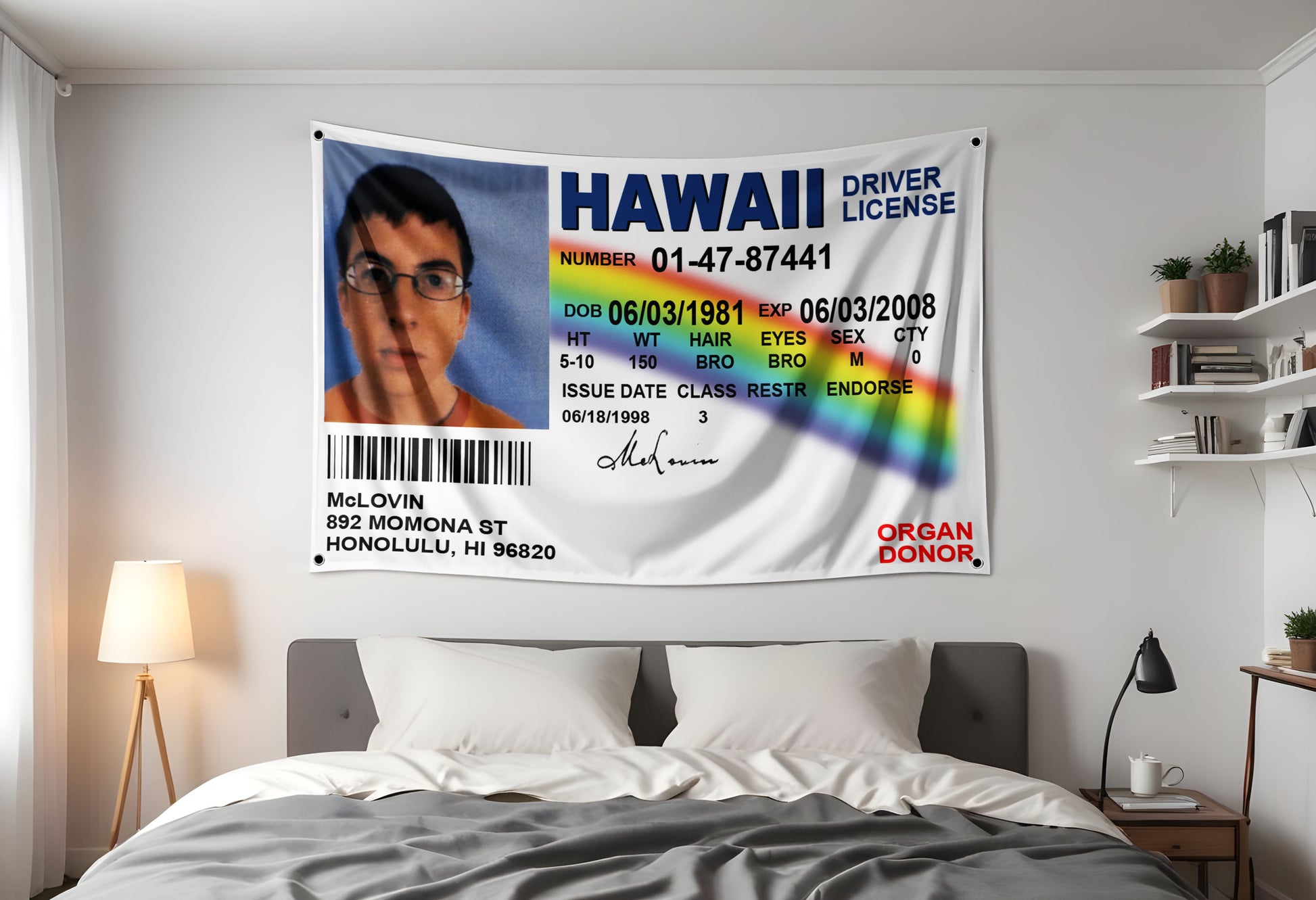 McLovin ID Flag  | Superbad flag Hung up in a dorm room