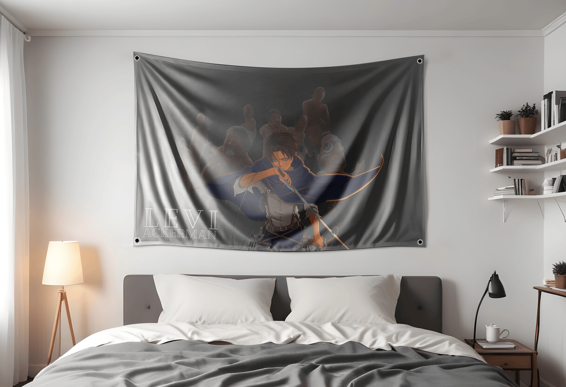 Attack On Titan Levi Ackerman flag showcased on our 3x5ft dorm room flag mockup!