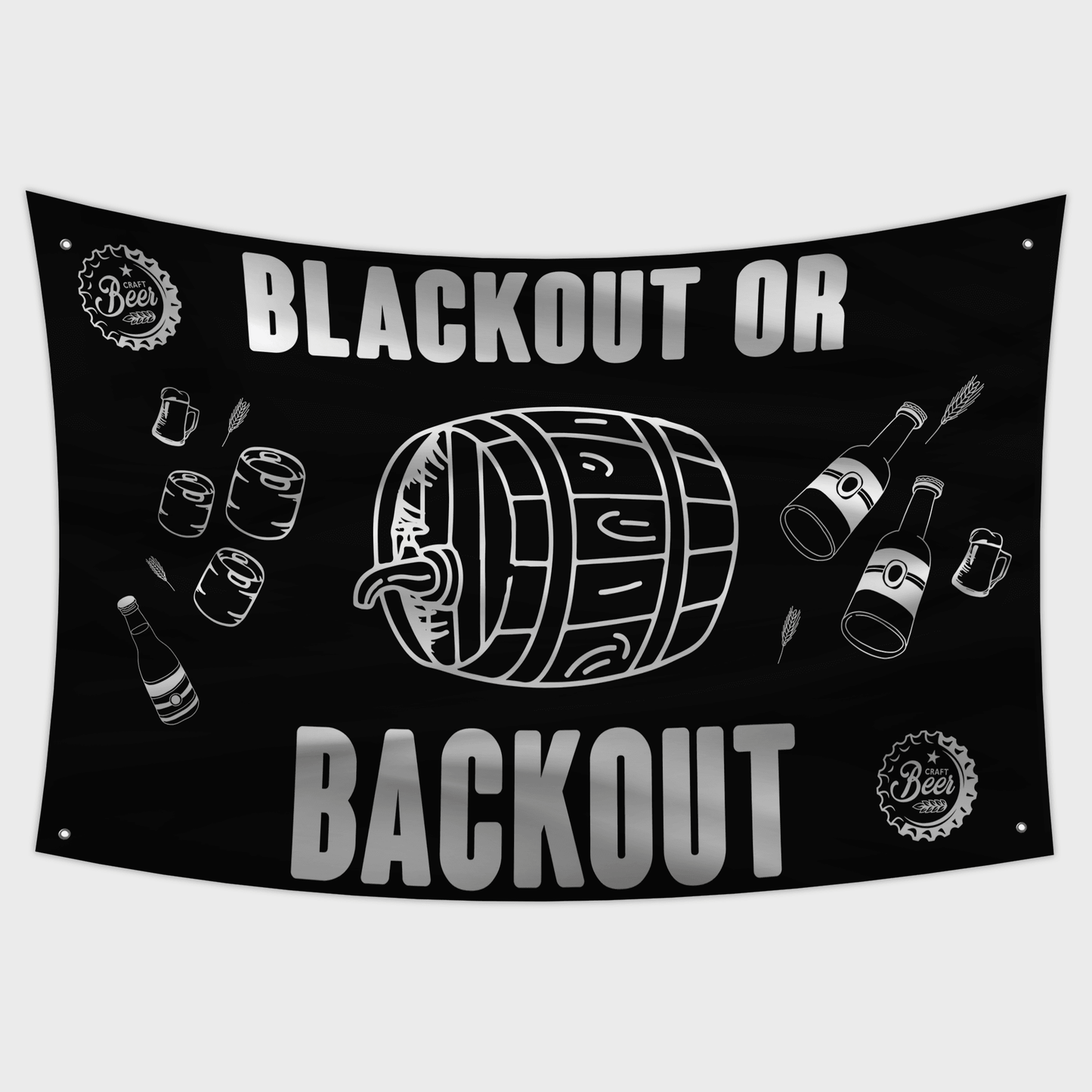 Blackout or backout drinking theme flag with a barrel