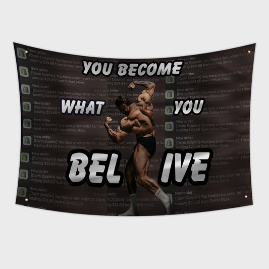 Inspirational Gym Flag that says "You Become what you believe" with Chris Bumstead flexing. In the background there are shopify sale notifications.