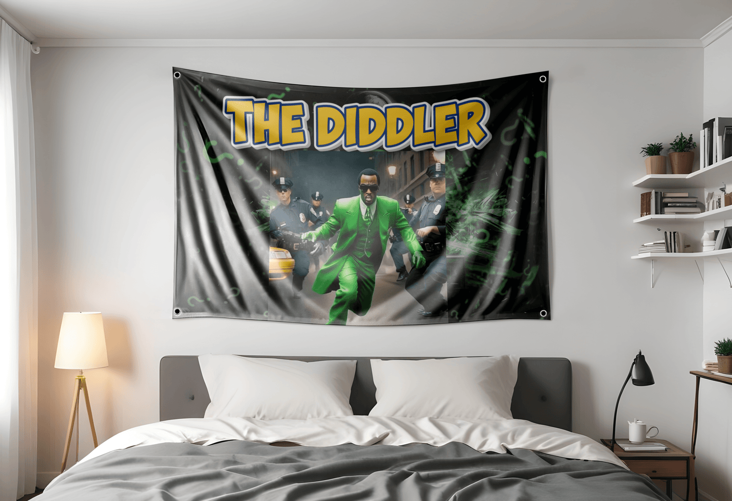 Diddy Flag, 3x5ft flag with the text "The Diddler" Hung up