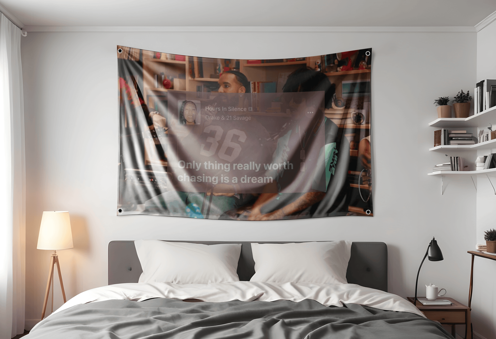 Flag featuring Drake and 21 Savage with a spotify quote from their Song "Hours in Silence" saying "Only thing really worth chasing is a dream" Hung up in a dorm room