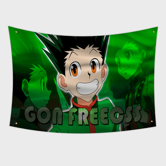 Gon Freecss on a flag 3x5ft with the text "Gon Freecss" from the anime Hunter X Hunter