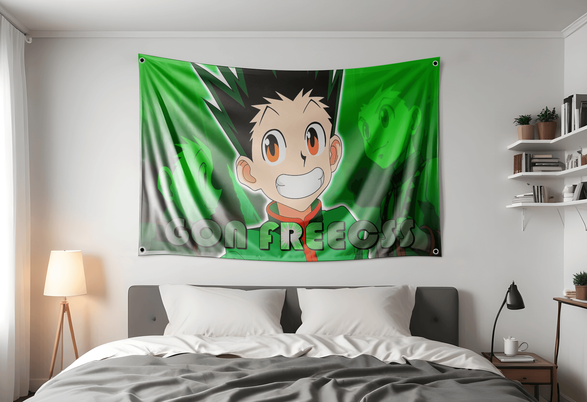 Gon Freecss on a flag 3x5ft with the text "Gon Freecss" from the anime Hunter X Hunter Hung up in a dorm room