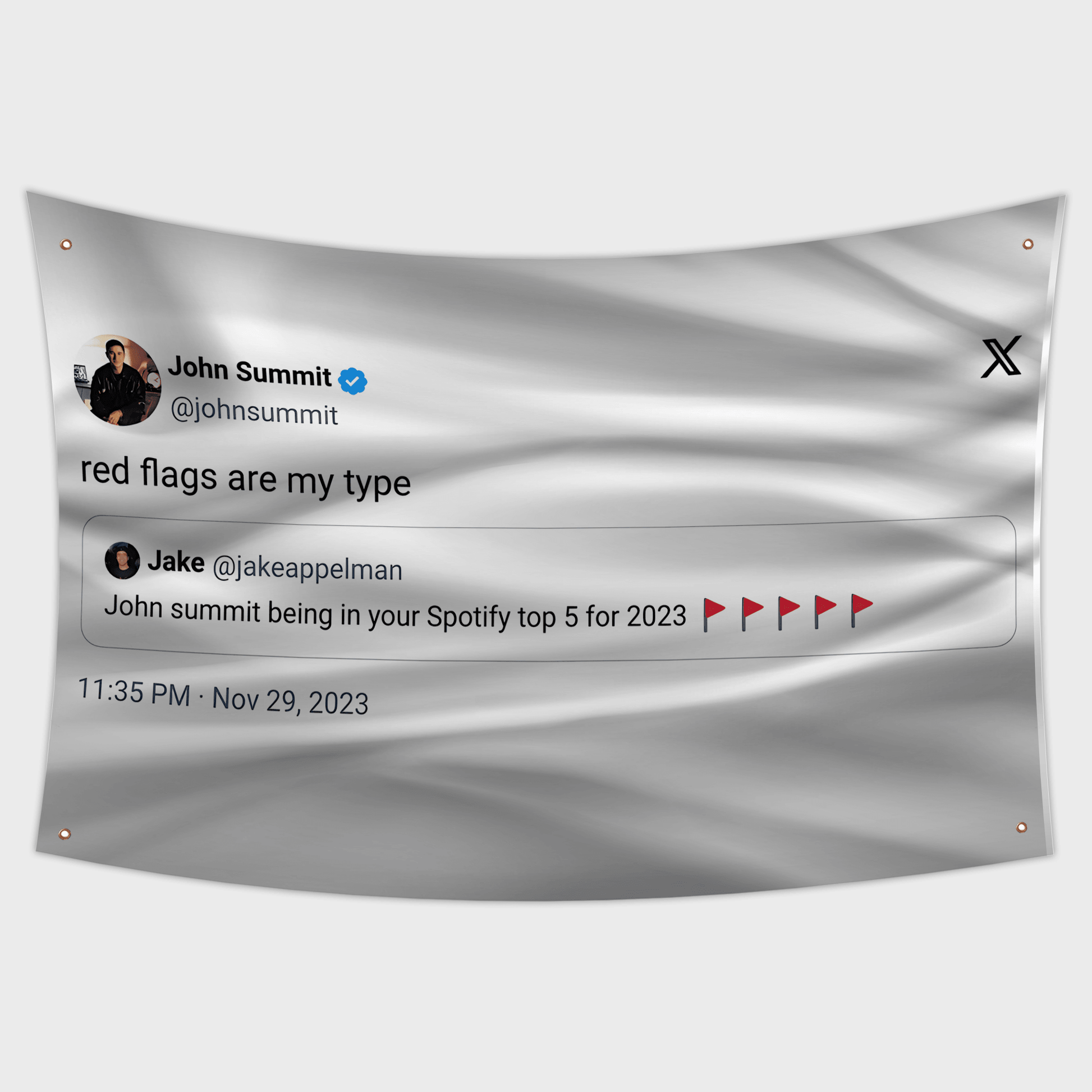 John Summit tweet saying "red flags are my type" Flag