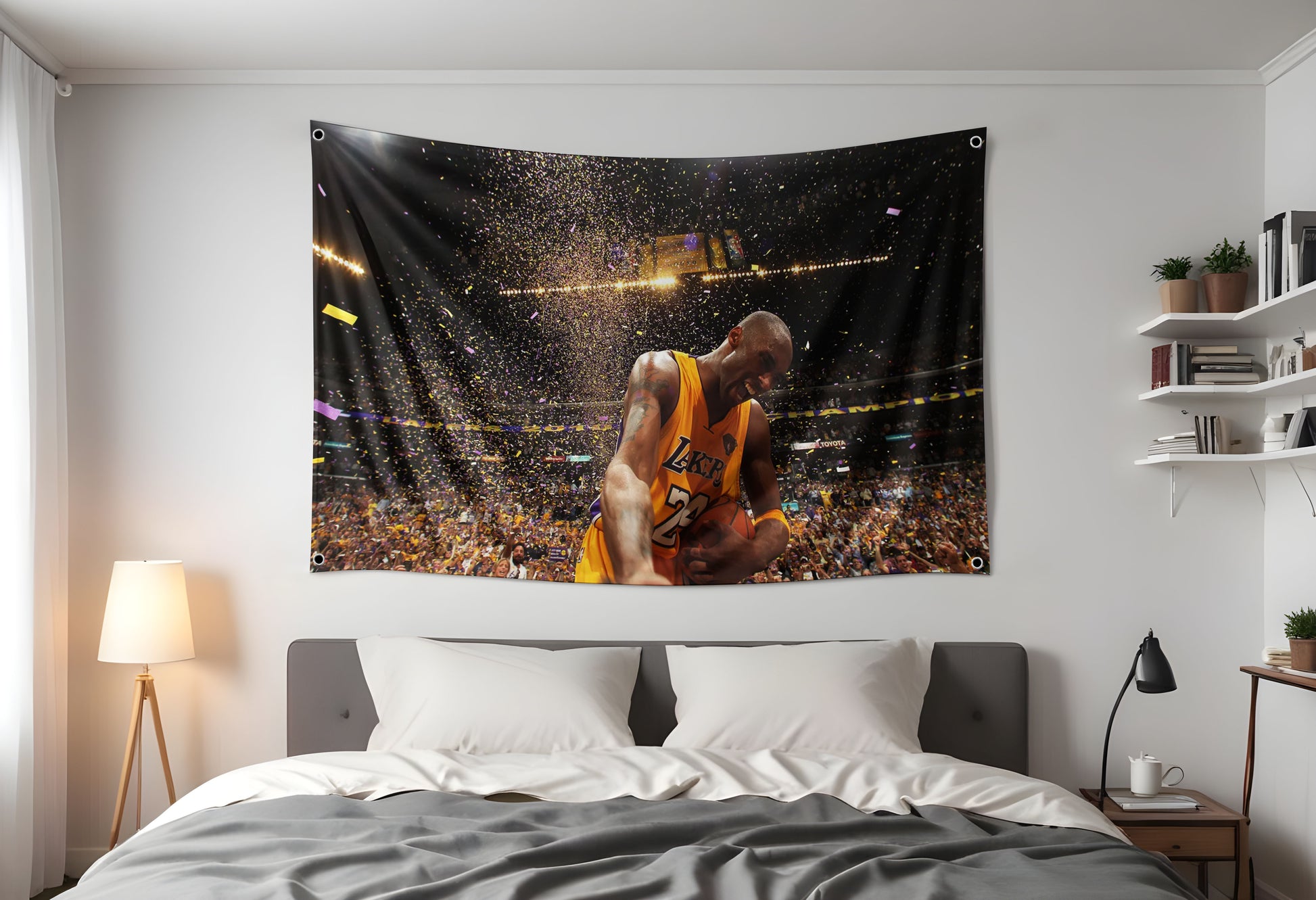 Kobe Bryant Game 7 Confetti Flag | NBA Kobe Flag Tapestry , Kobe winning game 7 covered in confetti on a flag. Hung up in a dorm room