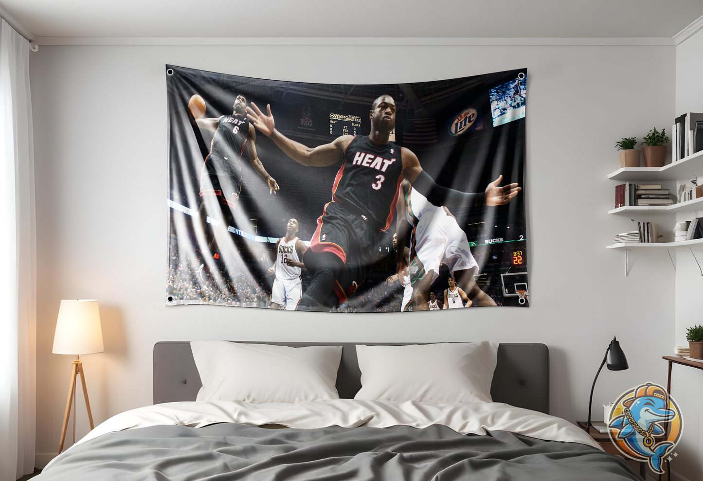 LeBron James, Dwyane Wade link for iconic dunk On a flag hung up in a dorm room