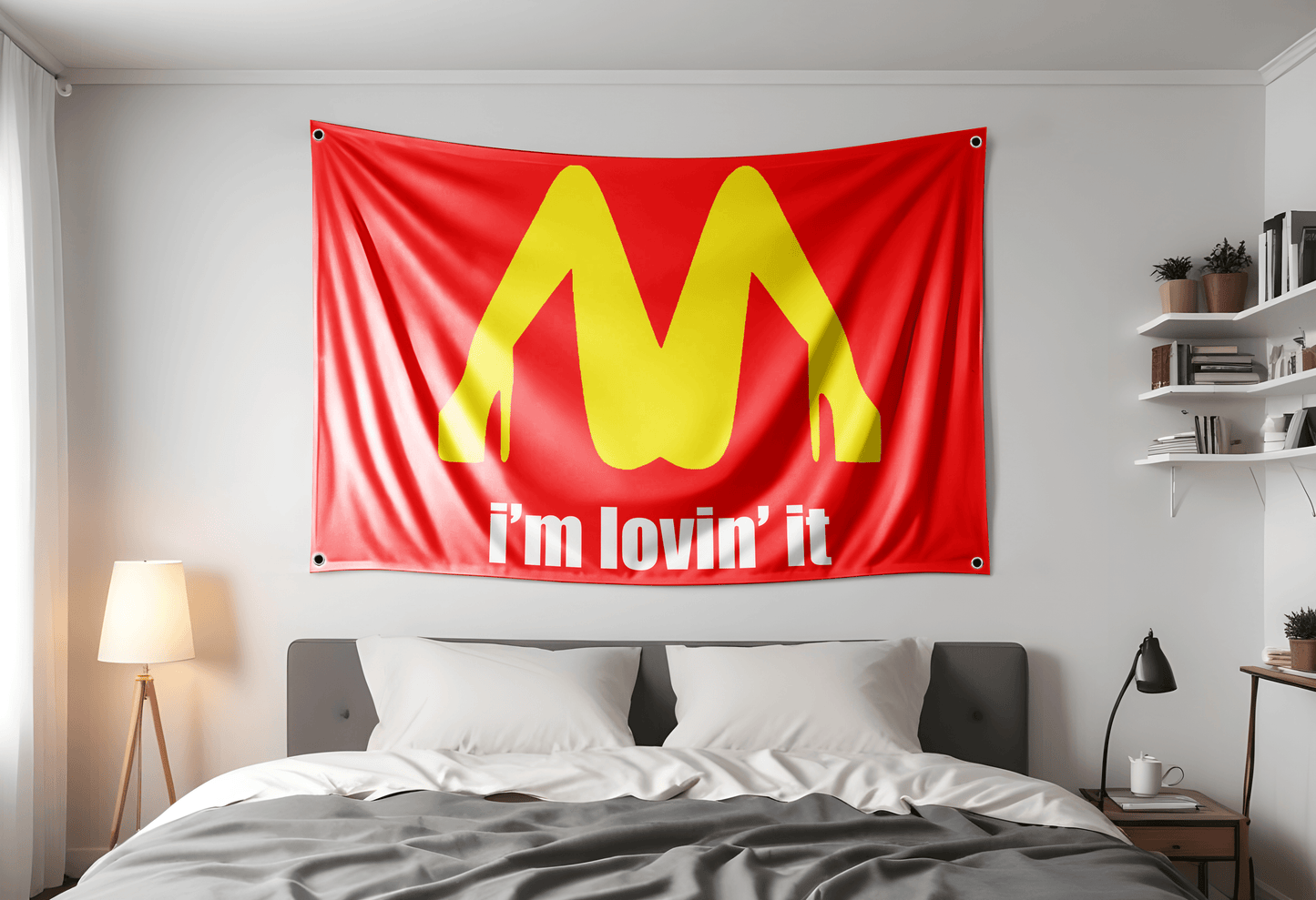 I'm lovin it flag hung up in a room