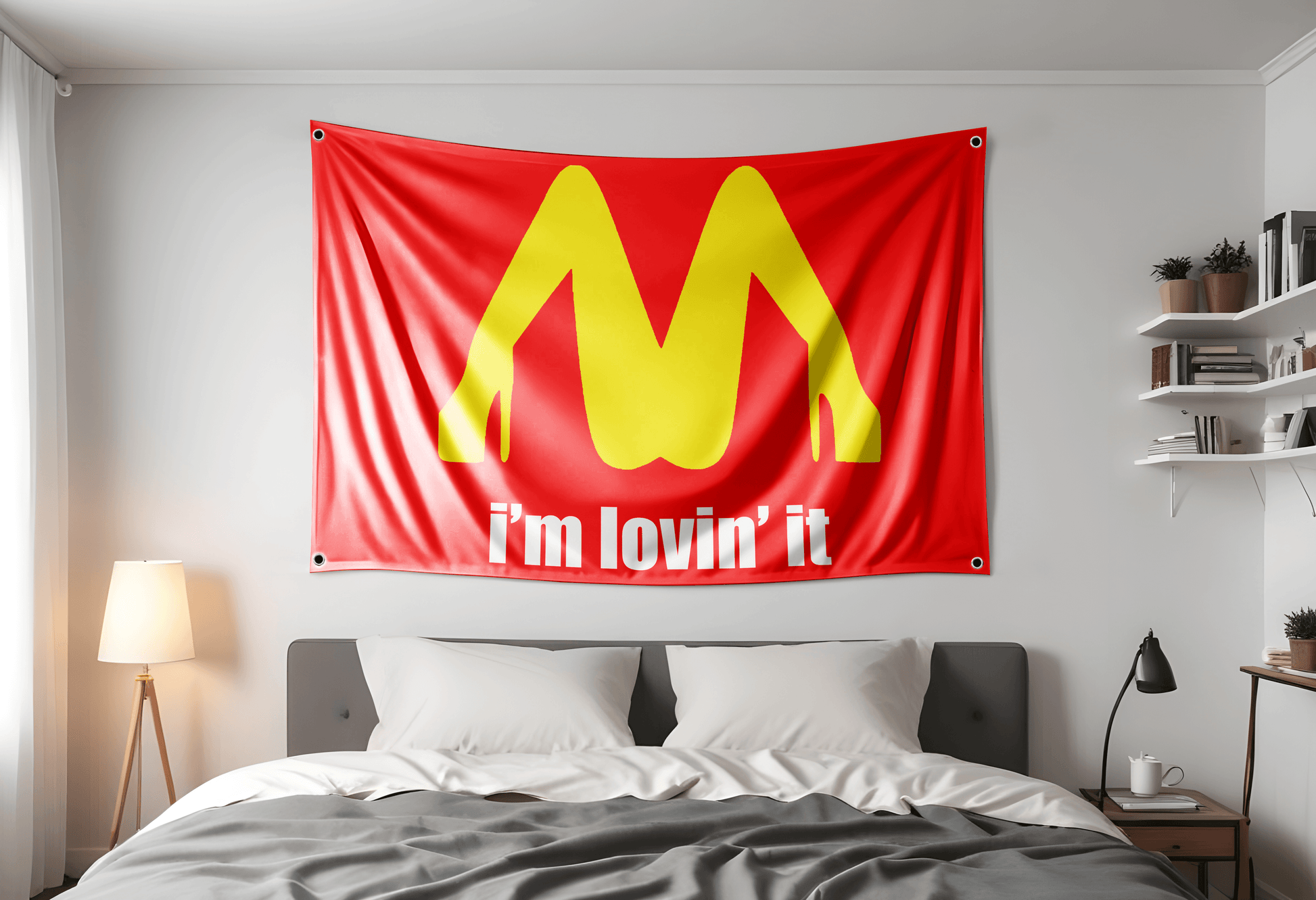 I'm lovin it flag hung up in a room