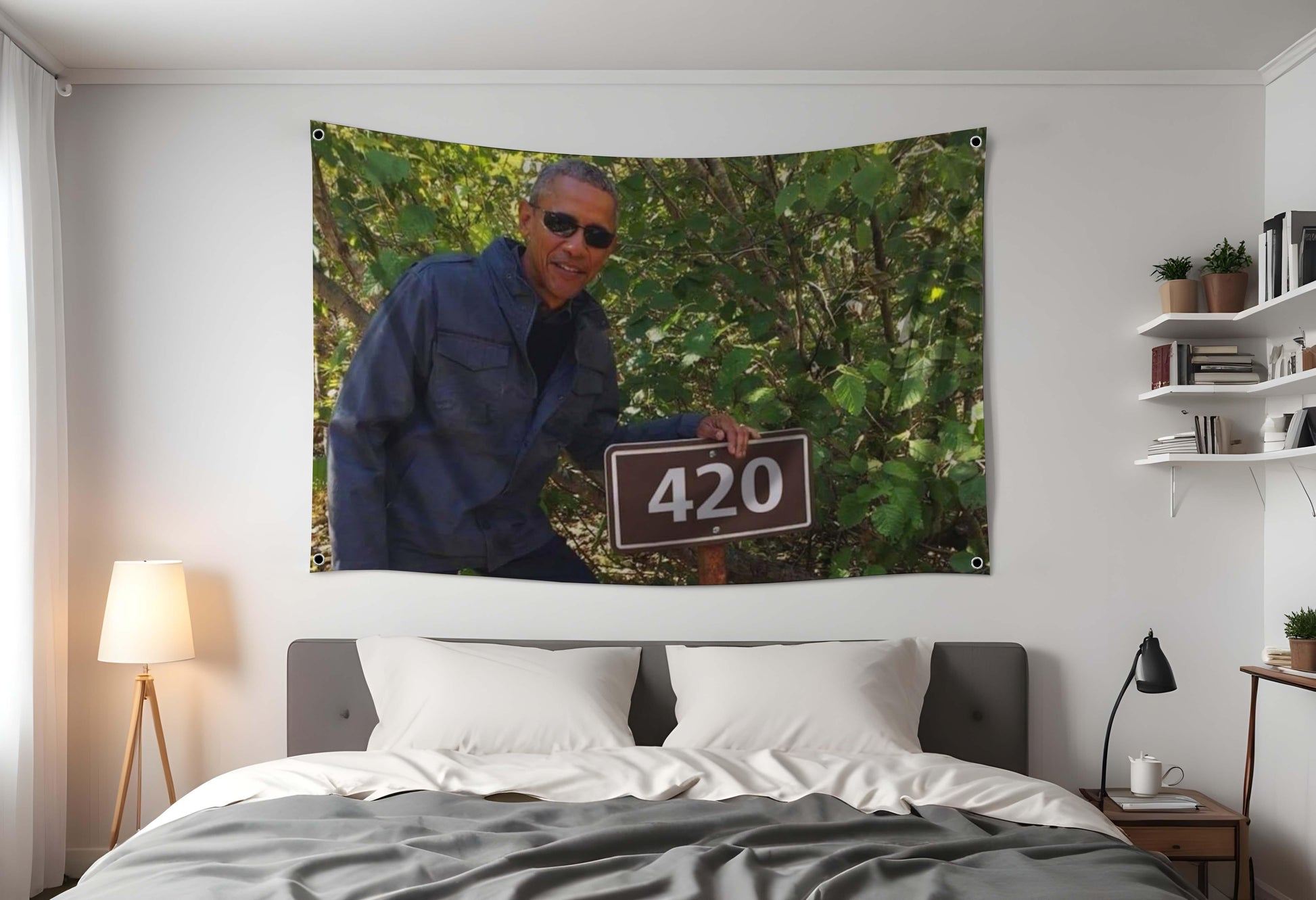 Obama 420 Flag Hung Up In Dorm Room, Green Leafy background