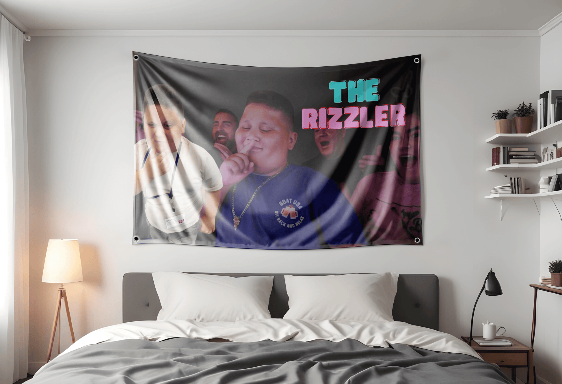 The Rizzler Flag 3x5ft with the text "The Rizzler" hung up in a dorm room