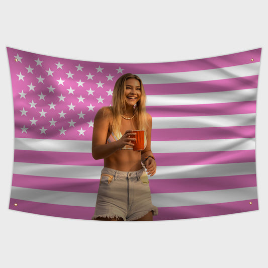 Sarah Cameron holding beer cup ,Pink American Flag Madelyn Cline on a 3x5ft  Outer Banks Flag