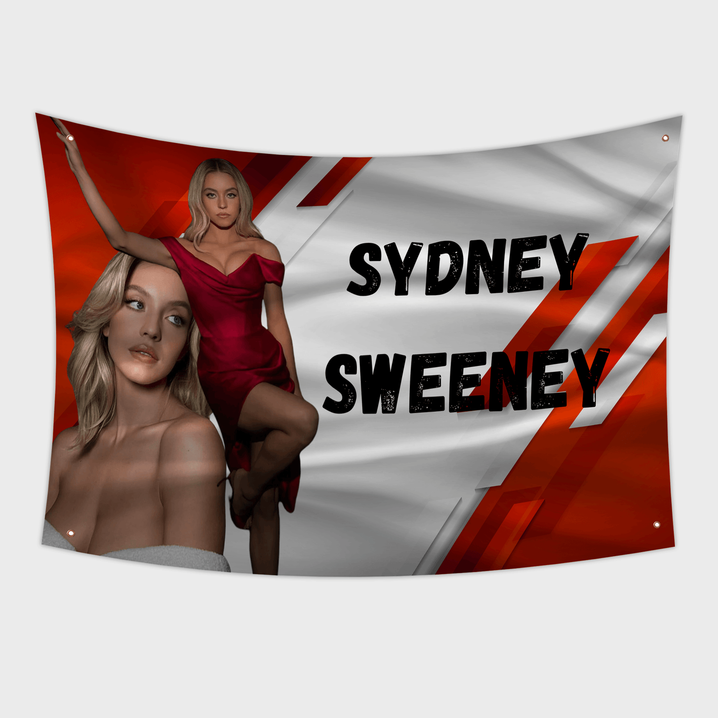 Sydney Sweeney behind a red 3x5ft flag with the text "Sydney Sweeney"