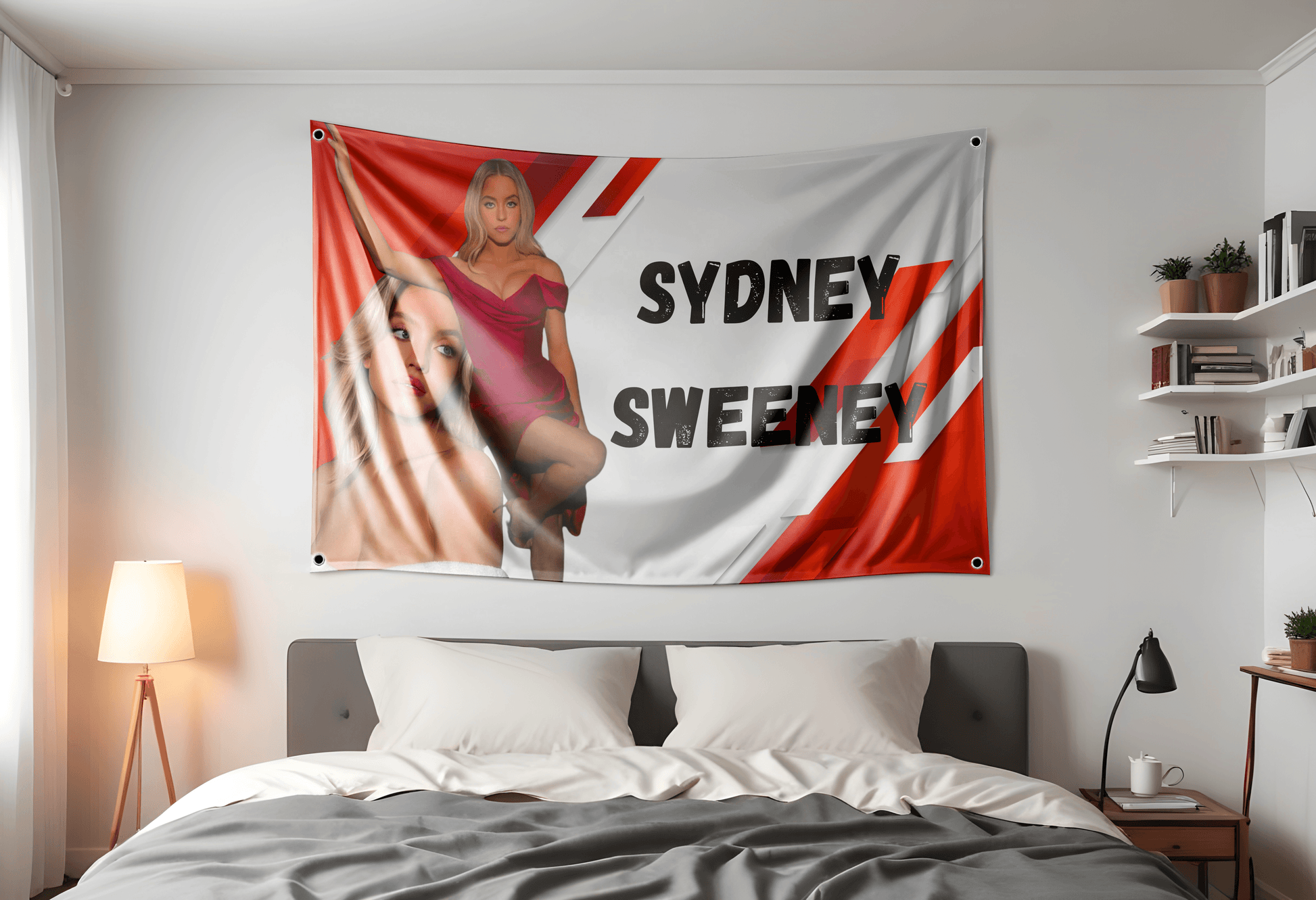 Sydney Sweeney behind a red 3x5ft flag with the text "Sydney Sweeney" hung up in a dorm room