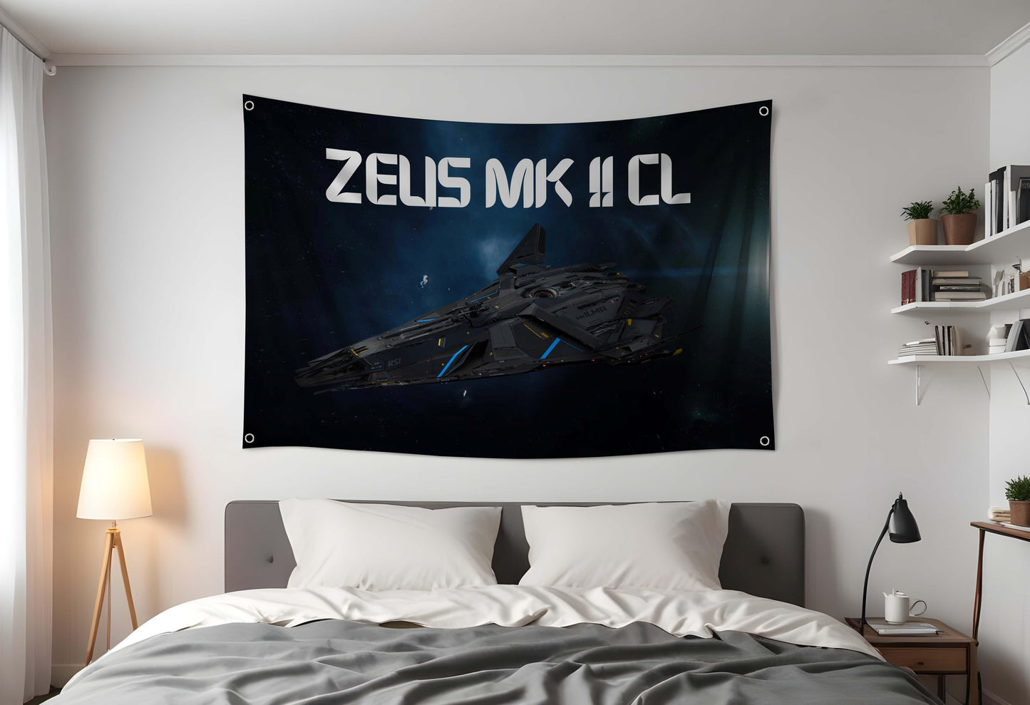 Zeus MK II CL Flag 3x5ft Star Citizen Design Hung up in a Dorm Room