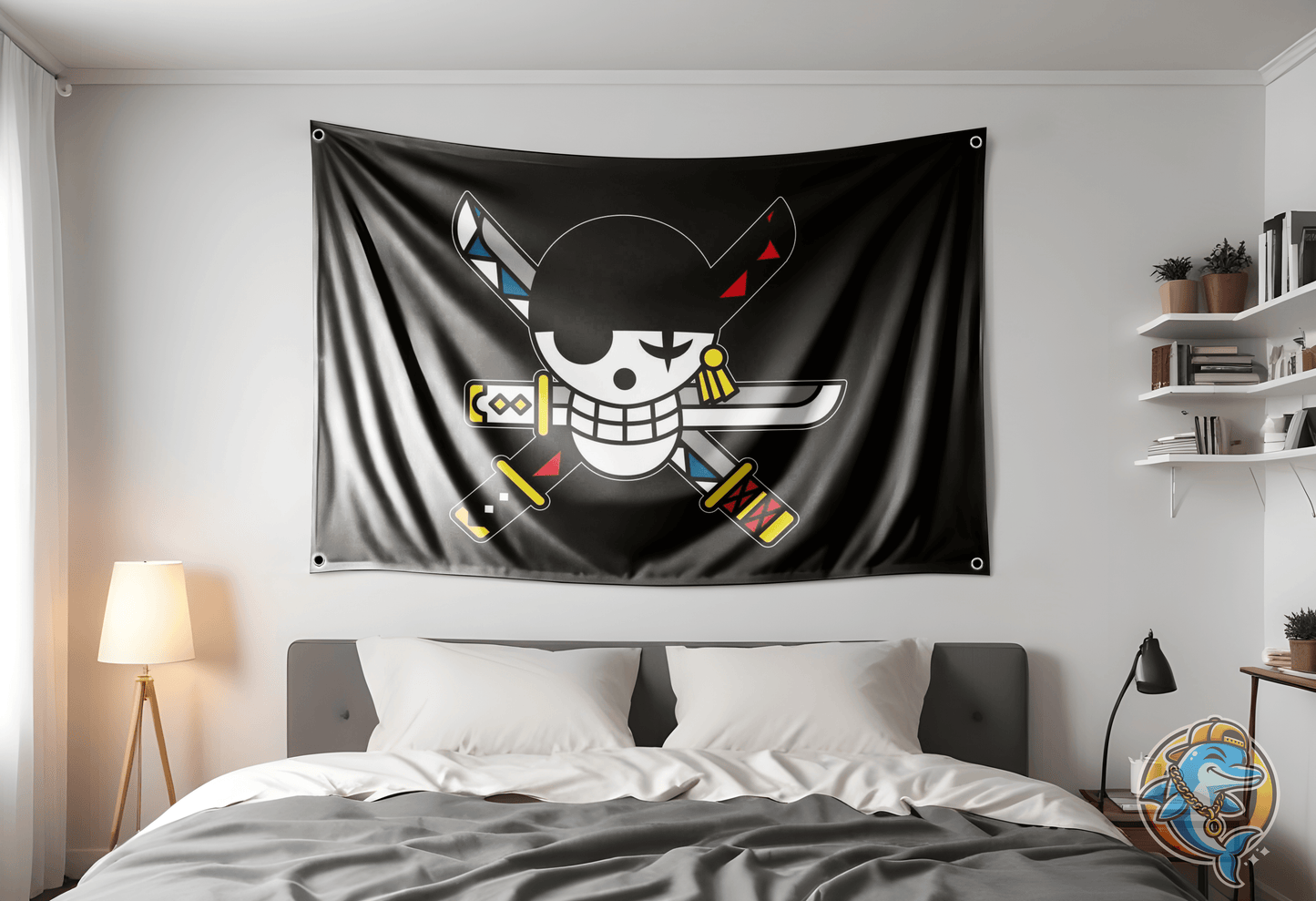 Zoro Jolly Roger from One Piece hung up in a bedroom