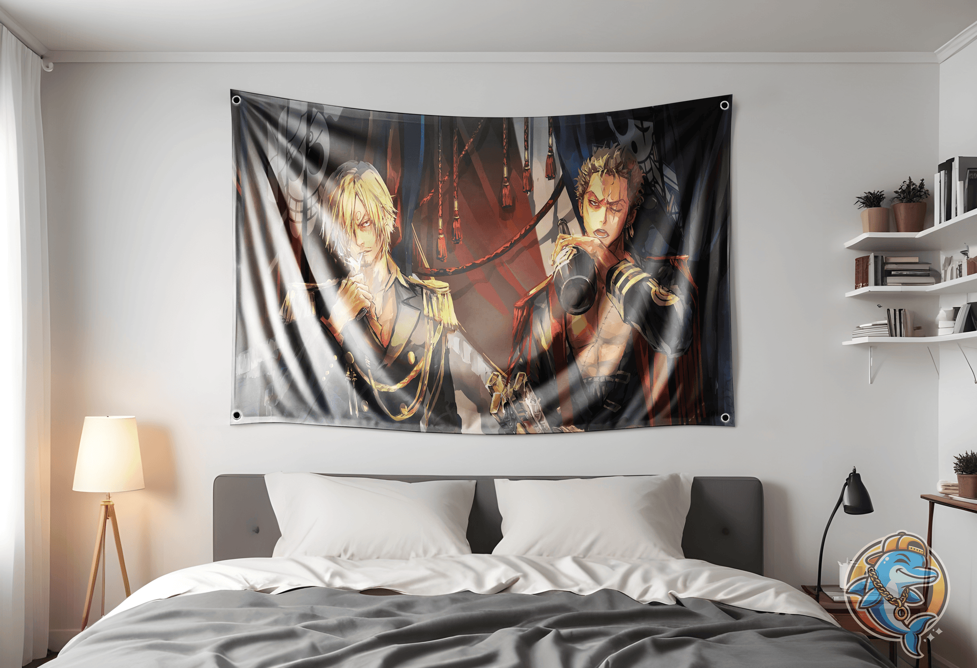 One Piece Zoro and Sanji Flag hung up on a bedroom wall