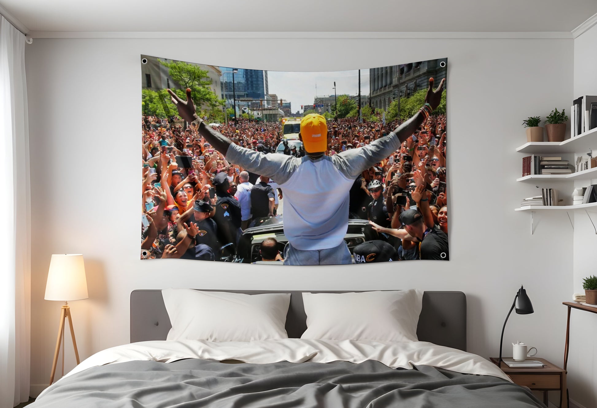 cleveland cavaliers parade flag hung up in a dorm room