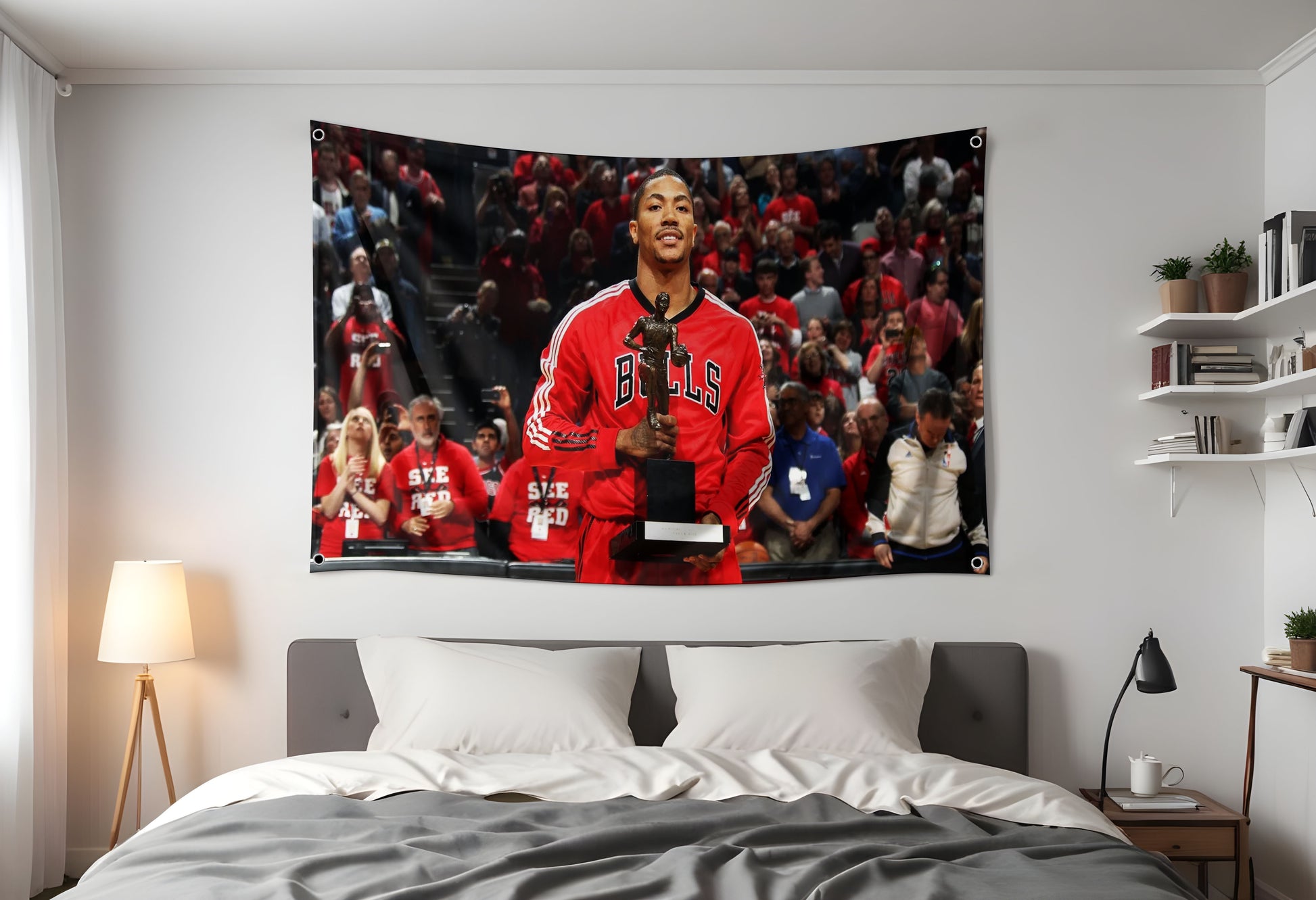 Chicago Bulls Derrek Rose NBA Flag Hung Up in dorm room