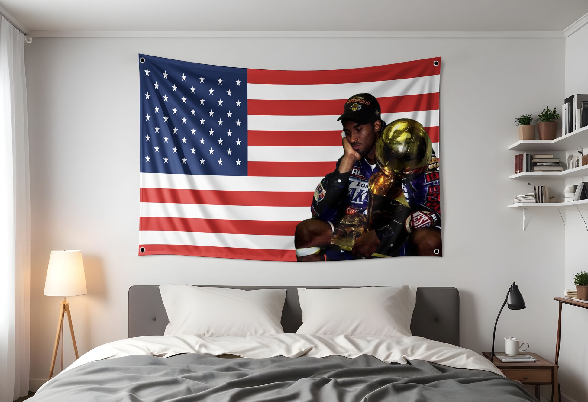 Kobe Bryant American Flag Hung up in a dorm room