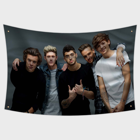 3x5 ft One Direction flag with a grey background featuring all band members—Harry Styles, Liam Payne, Louis Tomlinson, Niall Horan, and Zayn Malik. Made from durable polyester with metal grommets for easy hanging