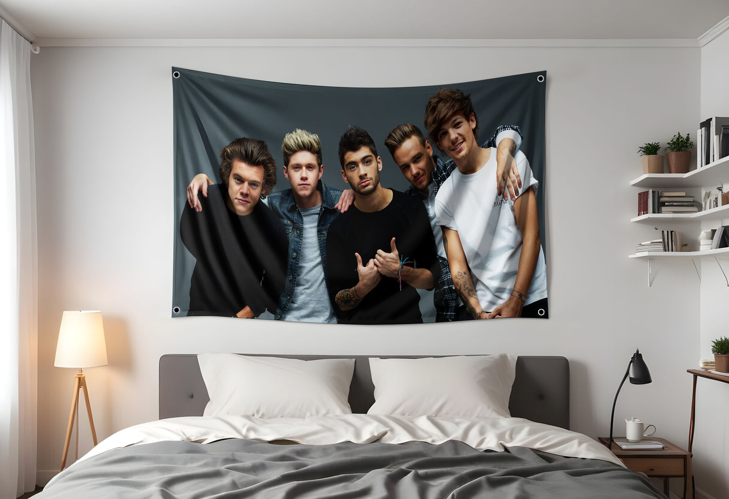 one direction flag for your room. Hanged using 4 metal grommets above the bed
