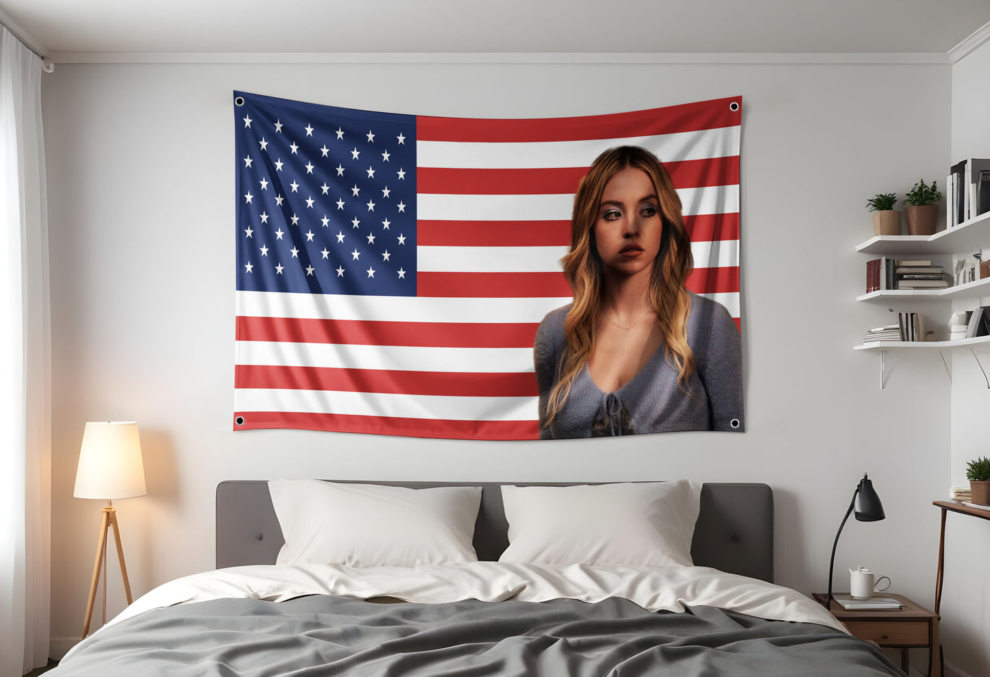 Sydney Sweeney on an american flag hung up in a dorm